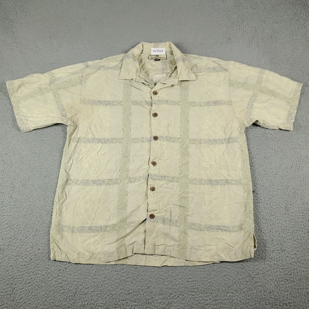Tommy Bahama Shirt Mens Large Ivory Silk Tropical Camp Hawaiian Button Up *